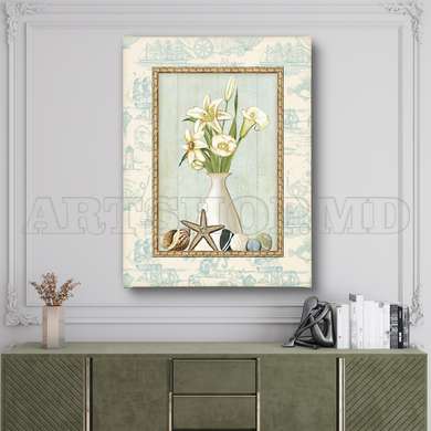 Постер - Белая ваза с красивым букетом цветов, 60 x 90 см, Постер на Стекле в раме, Прованс