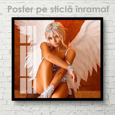 Poster - Fată cu aripi de înger, 100 x 100 см, Poster inramat pe sticla