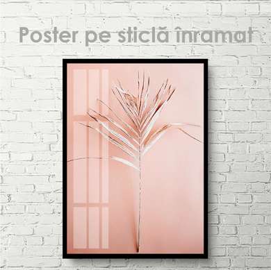 Poster - Frunză tropicală pe fundal roz, 60 x 90 см, Poster inramat pe sticla