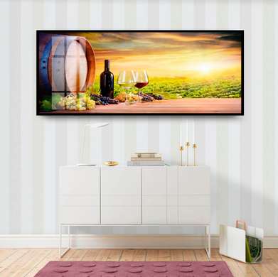 Poster - Sticlă de vin la apusul soarelui, 90 x 45 см, Poster înrămat, Alimente și Băuturi