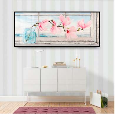 Poster - Branch of pink magnolia in a vase, 60 x 30 см, Canvas on frame