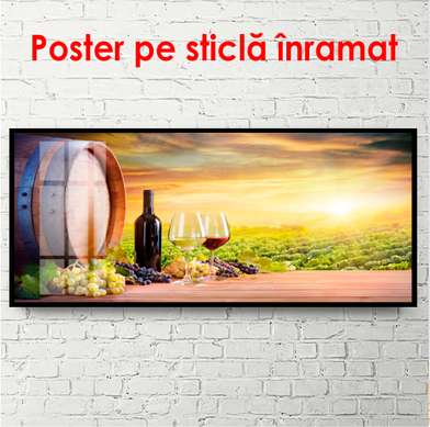 Постер - Бутылка вина на закате, 90 x 45 см, Постер в раме, Еда и Напитки