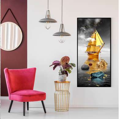 Постер - Золотые паруса, 45 x 90 см, Постер на Стекле в раме, Морская Тематика
