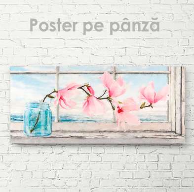 Poster - Branch of pink magnolia in a vase, 90 x 45 см, Framed poster on glass, Flowers