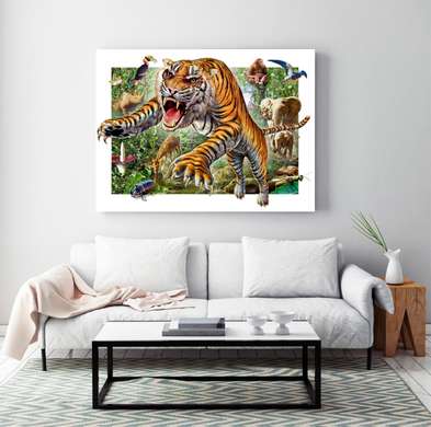 Постер - Рычащий тигр на фоне джунглях, 45 x 30 см, Холст на подрамнике, Для Детей