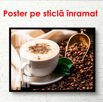 Poster - Cappuccino on the table with coffee beans, 90 x 60 см, Framed poster, Food and Drinks