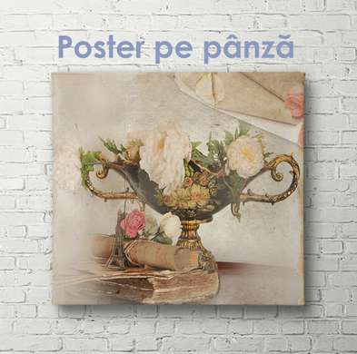 Постер - Ваза с цветами в стиле прованс, 100 x 100 см, Постер на Стекле в раме