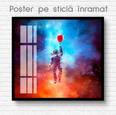 Постер - Космонавт летит на шаре, 100 x 100 см, Постер на Стекле в раме
