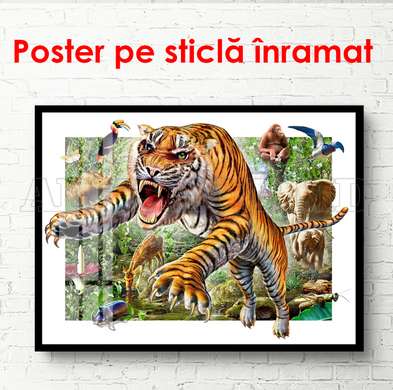 Постер - Рычащий тигр на фоне джунглях, 90 x 60 см, Постер на Стекле в раме, Для Детей