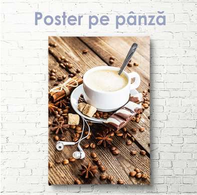 Poster - Căști și o cafea, 60 х 90 см, 45 x 90 см, Poster inramat pe sticla
