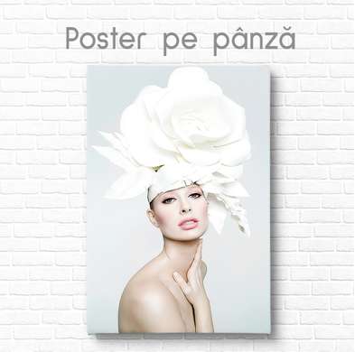 Poster - Girl and white flower, 60 x 90 см, Framed poster on glass