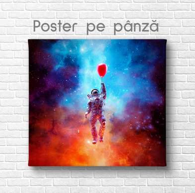 Poster - Astronautul zboară cu un balon, 100 x 100 см, Poster inramat pe sticla