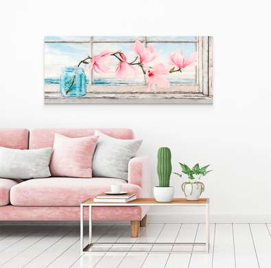 Постер - Веточка розовой магнолии в вазе, 90 x 45 см, Постер на Стекле в раме, Цветы