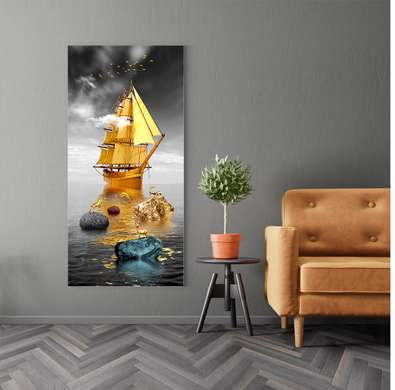Постер - Золотые паруса, 45 x 90 см, Постер на Стекле в раме, Морская Тематика