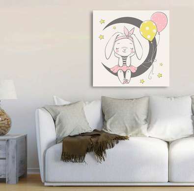 Poster - Bunny on the moon, 100 x 100 см, Framed poster on glass, For Kids