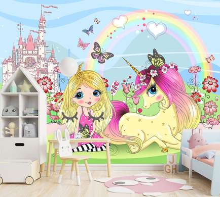 Fototapet - Prințesă drăguță cu unicorn în parcul magic