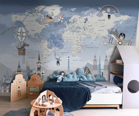 Wall mural in the nursery - Map of the world and sights of cities