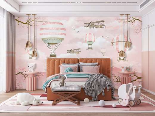 Wall mural for the nursery - Bunnies in balloons