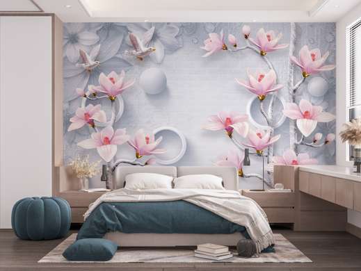 3D Wallpaper - Delicate magnolia flowers and white doves on the background of 3D balls