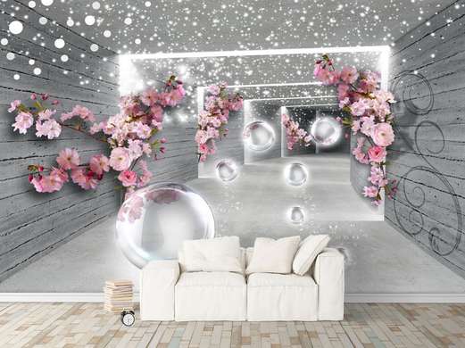 3Д Фотообои - Розовые цветы на фоне серого тоннеля