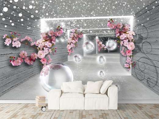 3D Wallpaper - Pink flowers on the background of a gray tunnel