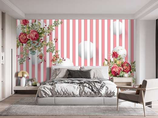 3D Wallpaper - White 3D balls and delicate bouquets of flowers