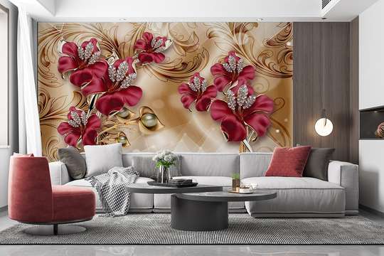 Wall Mural - Red flowers and gems on a white background