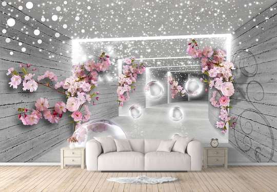 3D Wallpaper - Pink flowers on the background of a gray tunnel