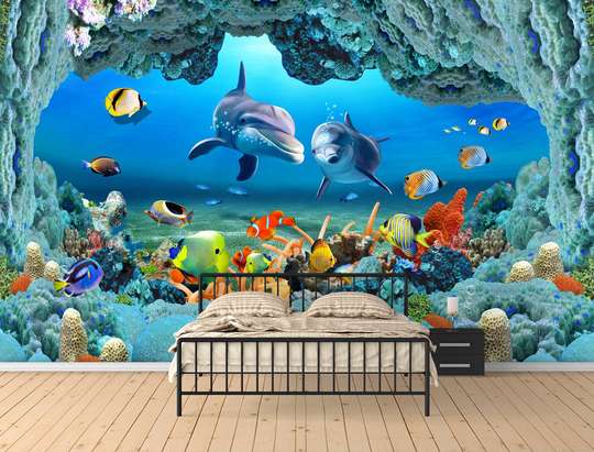 Wall Mural - Dolphins among fish and corals