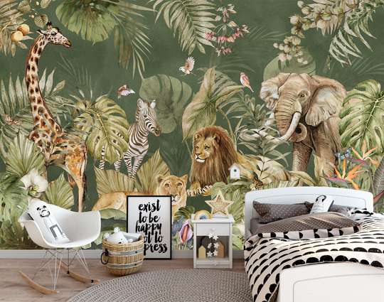 Wall mural for the nursery - Animals in Africa on a green background