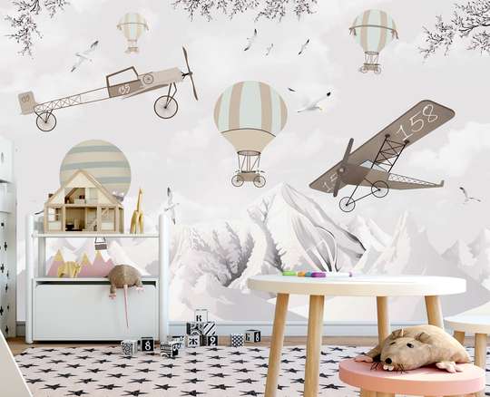 Wall mural for the nursery - Airplanes on a gentle background of mountains