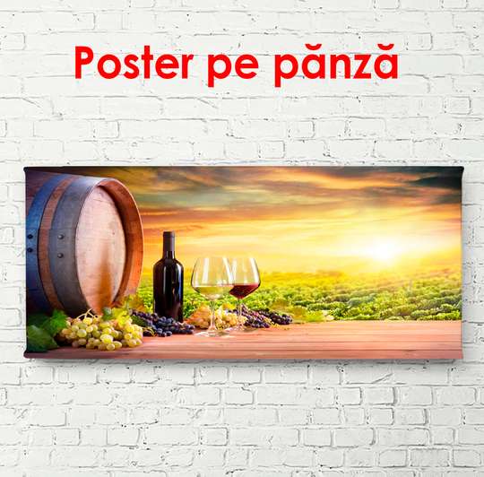 Постер - Бутылка вина на закате, 90 x 45 см, Постер в раме