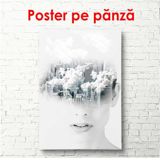 Постер - Девушка в облаках в виде города, 60 x 90 см, Постер в раме