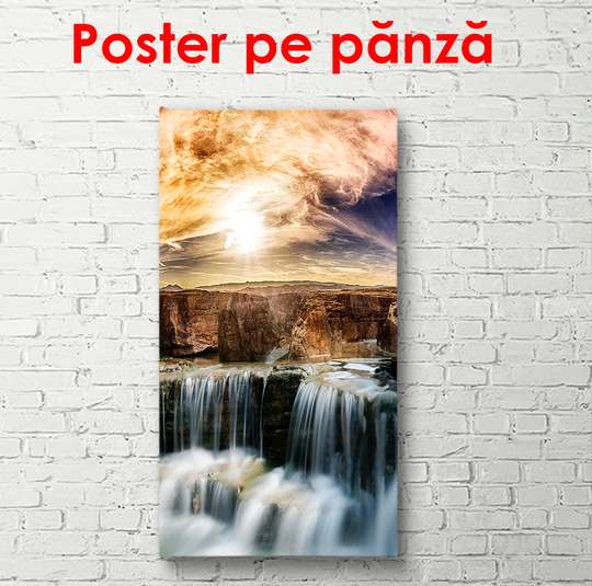 Постер - Красивый каскад на фоне заката, 50 x 150 см, Постер в раме