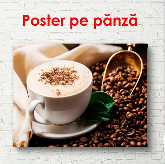 Постер - Капучино на столе с кофейными зернами, 90 x 60 см, Постер в раме, Еда и Напитки