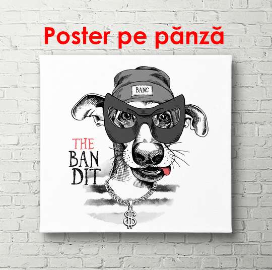 Poster - Black and white dog with glasses on a white background, 100 x 100 см, Framed poster