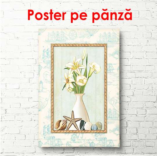 Постер - Белая ваза с красивым букетом цветов, 60 x 90 см, Постер в раме