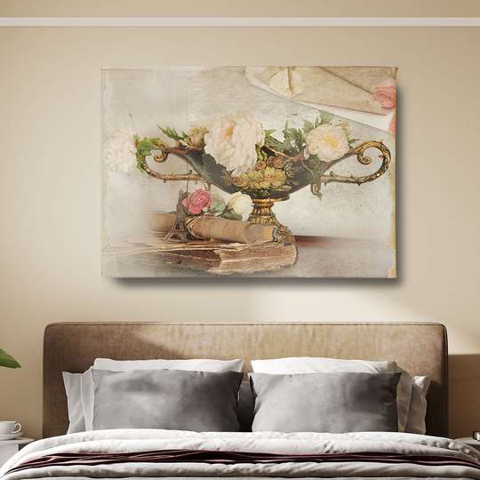 Постер - Ваза с цветами в стиле прованс, 40 x 40 см, Холст на подрамнике, Прованс