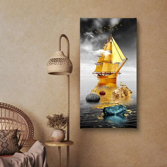 Poster - Golden sails, 30 x 60 см, Canvas on frame, Marine Theme