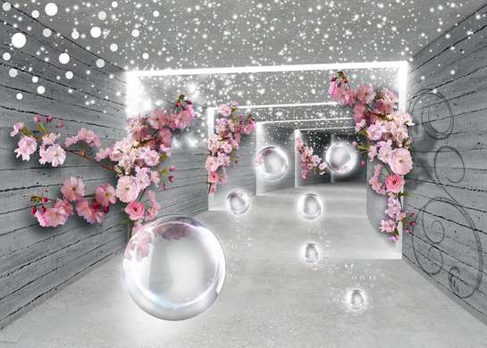 3Д Фотообои - Розовые цветы на фоне серого тоннеля