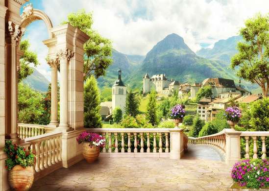 Photo wallpaper with mountain views from the balcony.