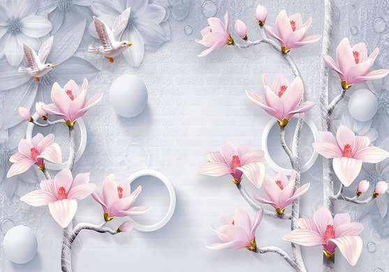 3D Wallpaper - Delicate magnolia flowers and white doves on the background of 3D balls