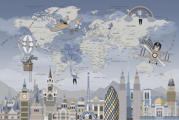 Fototapet - Harta lumii și obiectivele turistice ale orașelor