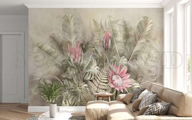 Wall mural - Exotic bouquet with pink flowers in shades of beige