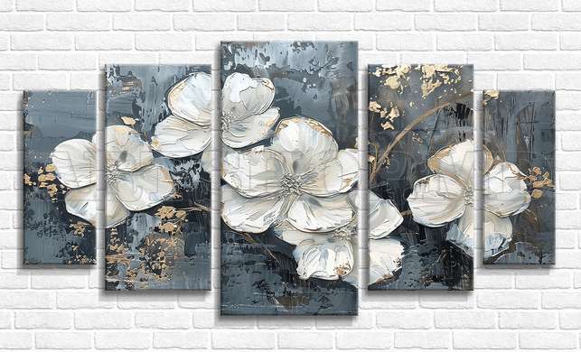 Modular picture, White flowers on gray background, 108 х 60