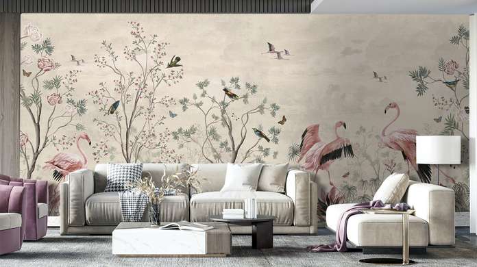Wall Mural - Flamingos and tropical plants