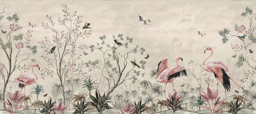 Fototapet - Flamingo și plante tropicale