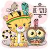 Poster - Tiger cub and owl on a pink background, 100 x 100 см, Framed poster on glass, For Kids