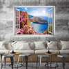 Stickere pentru pereți - Fereastra 3D cu vedere spre mare și flori roz, Imitarea Ferestrei, 130 х 85