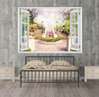 Stickere pentru pereți - Fereastra cu vedere spre un parc înflorit cu o fântână, Imitarea Ferestrei, 130 х 85